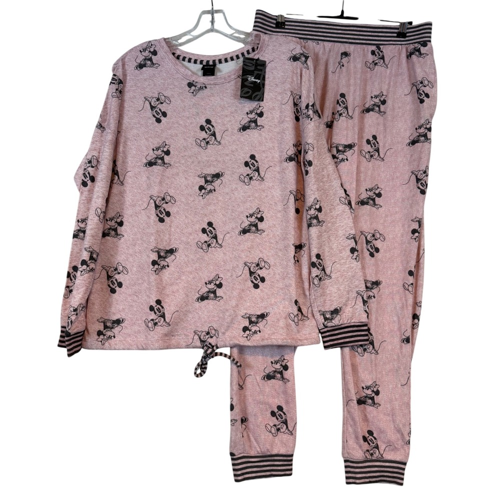 Disney Mickey Minnie Mouse Pajama Set Pink Heathered Joggers •M• Disneycore Soft